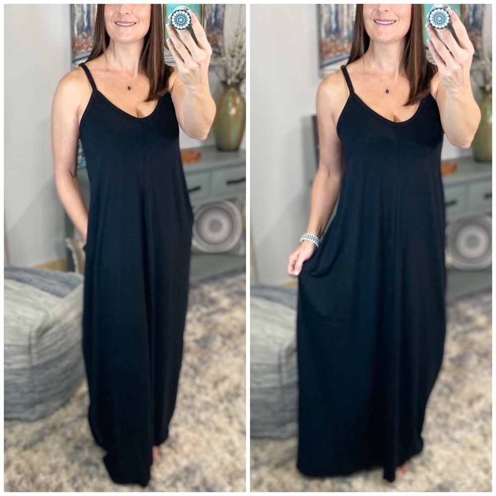❤️‍🔥RESTOCKED V-Neck Pocket Spaghetti Maxi Dress Black 1022